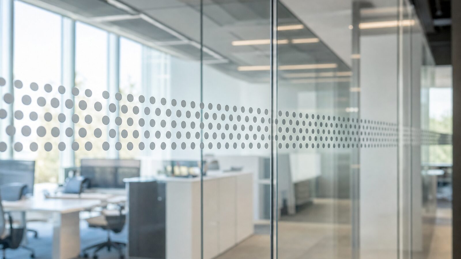 Glass office partition with manifestation dot pattern applied at eye height