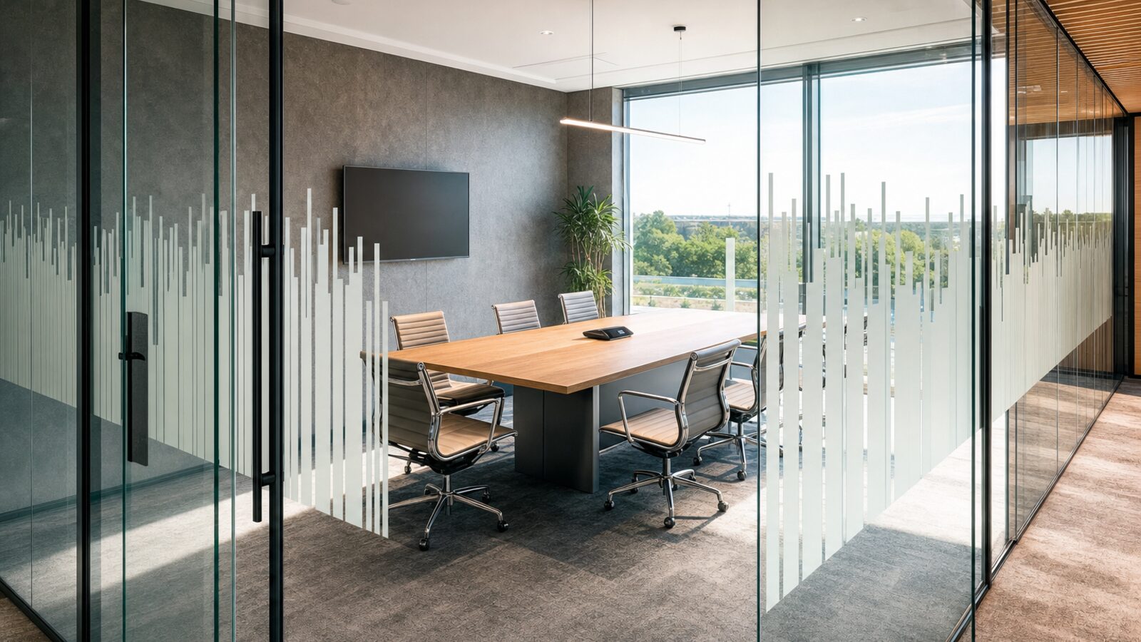 Glass meeting room with elegant privacy film applied