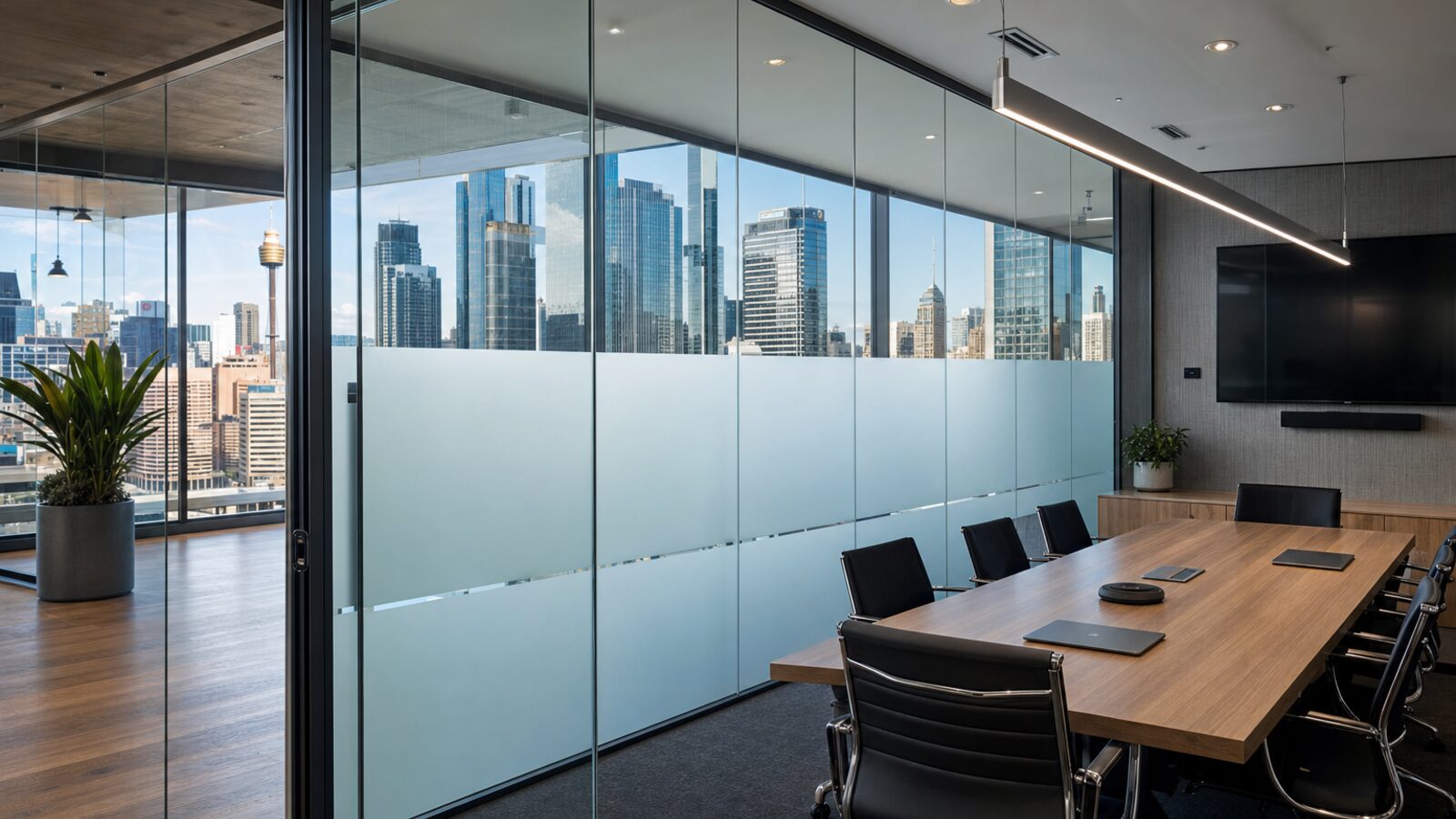 Sydney CBD boardroom with frosted glass partition, city skyline visible