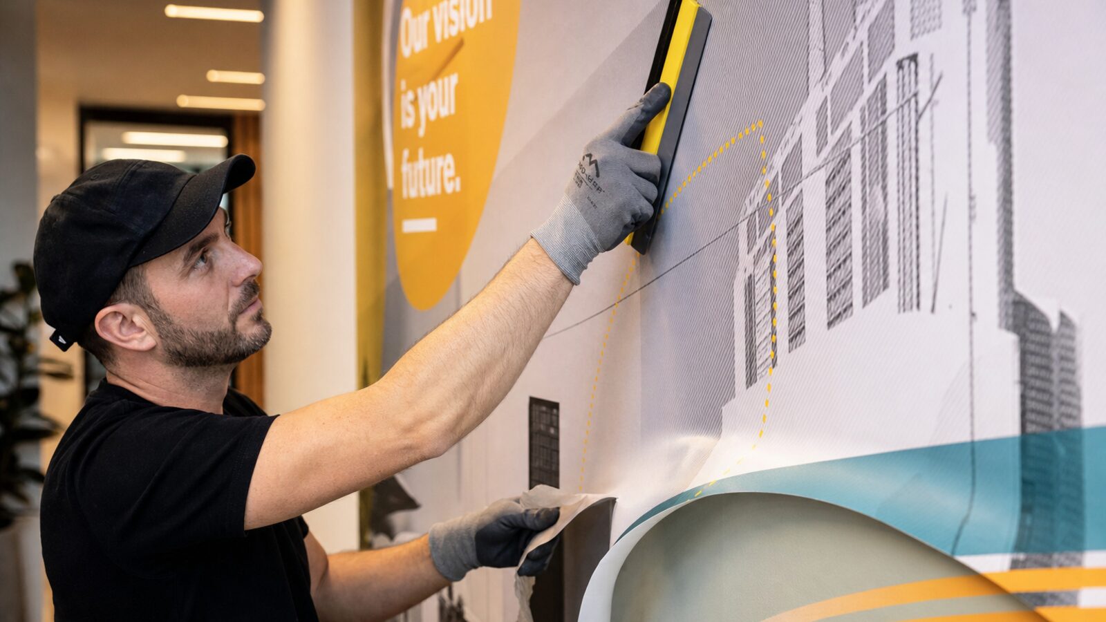 Installer applying a large printed vinyl wall graphic