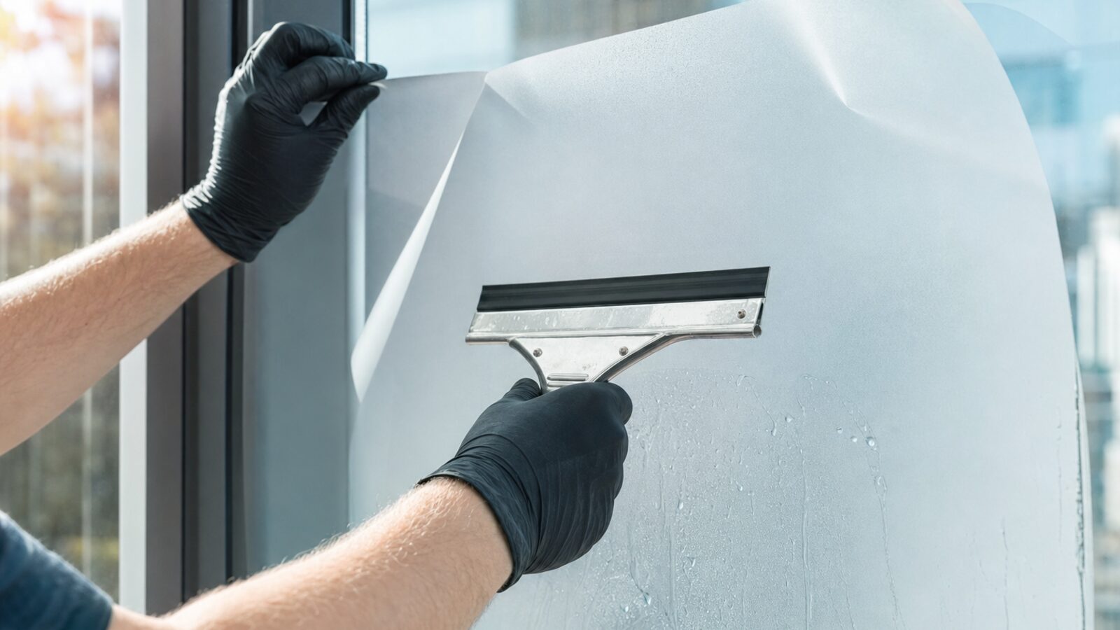 Detail of professionally installed window frosting on office glass