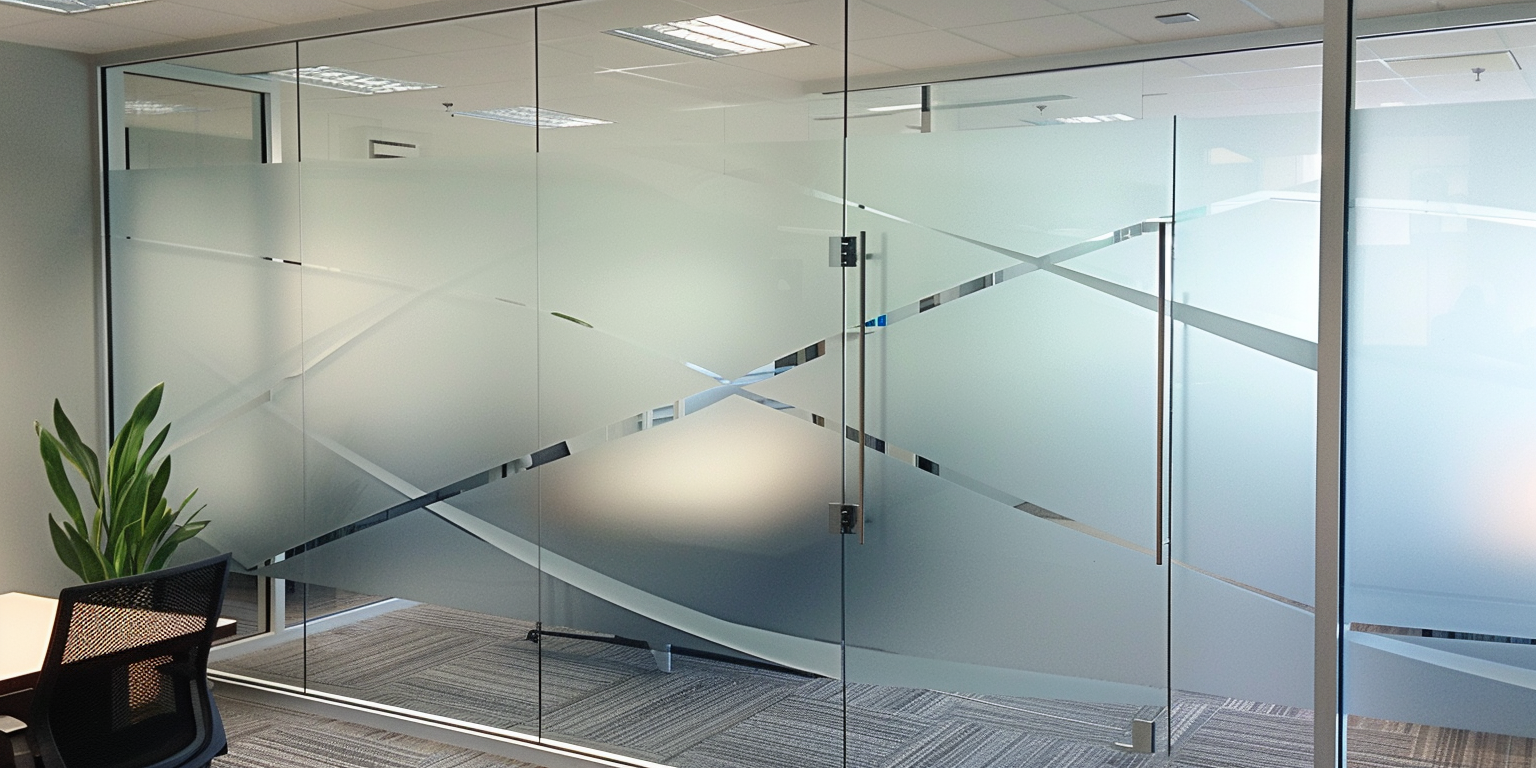 Curved cut-to-pattern frosting across a full office partition wall