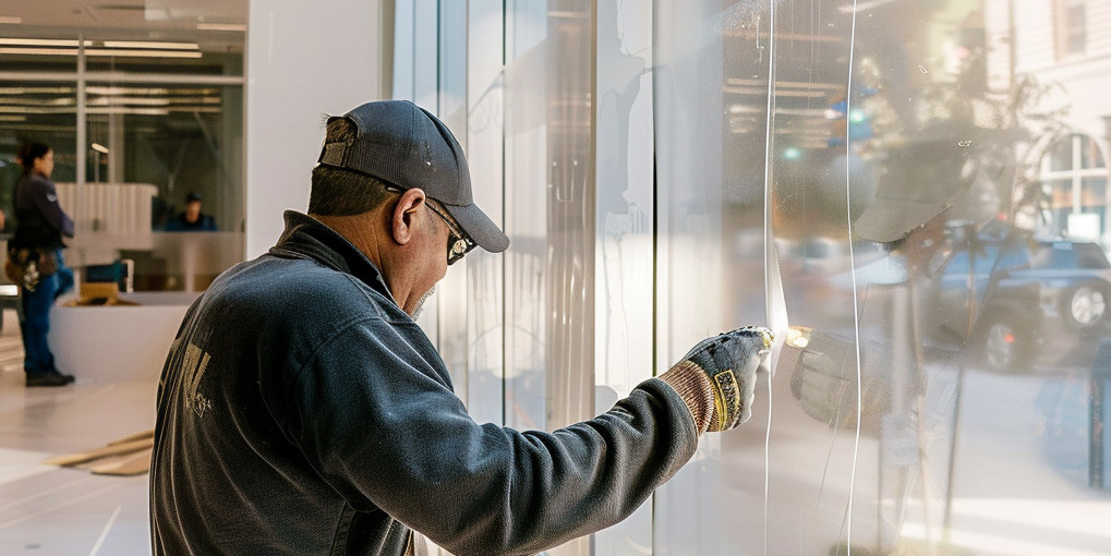 Installer applying frosted film to a full-height storefront window