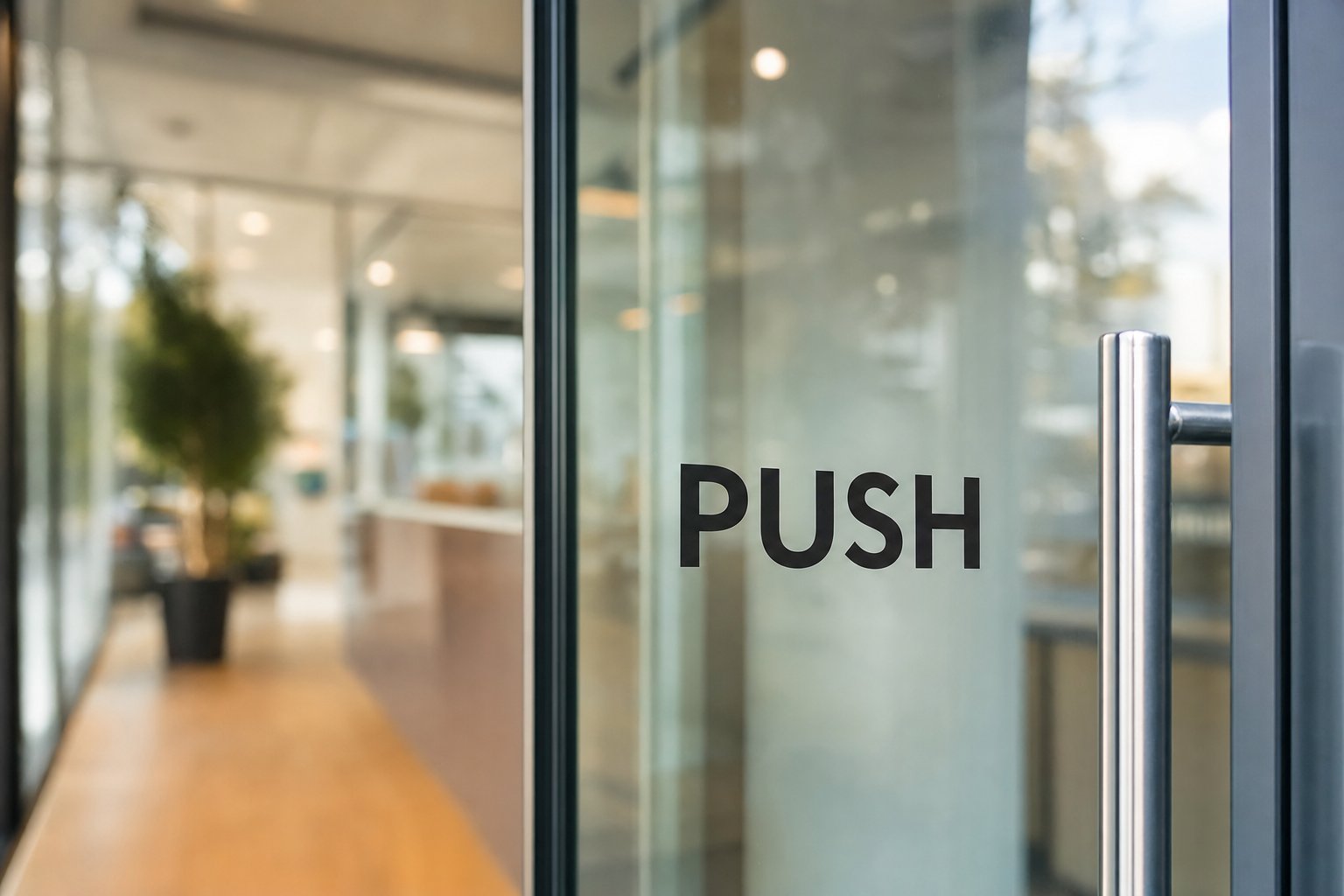 Push and pull statutory door plates on a glass entry