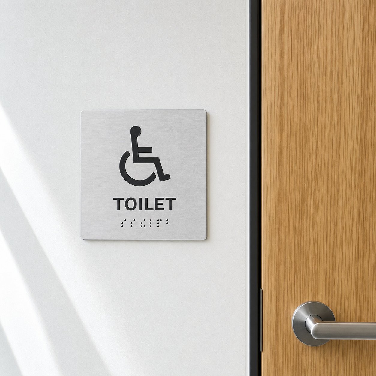 Braille and tactile toilet identification plate to accessibility code