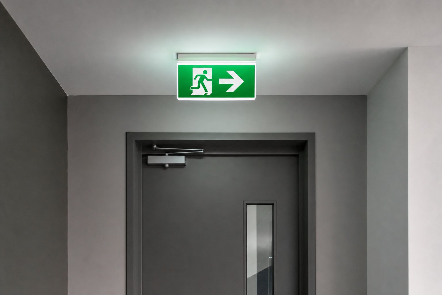 Illuminated emergency exit statutory sign in a commercial corridor