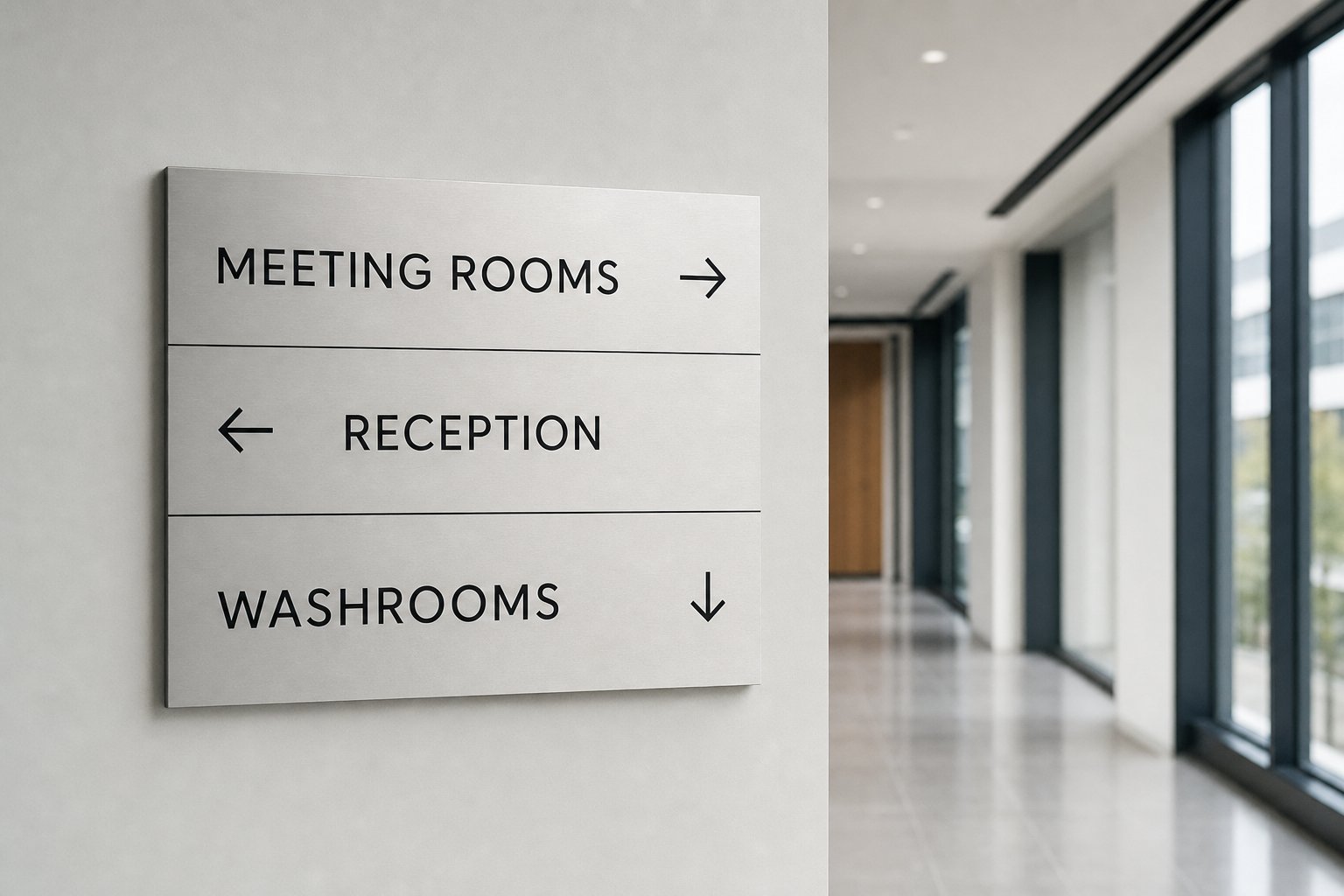Building directory statutory wayfinding board in a lobby