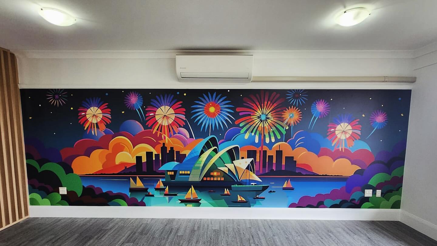 Sydney Opera House fireworks illustrated mural feature wall