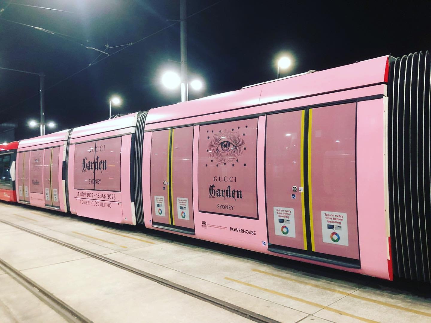 Gucci Garden Sydney tram wrap in pink with archival illustration